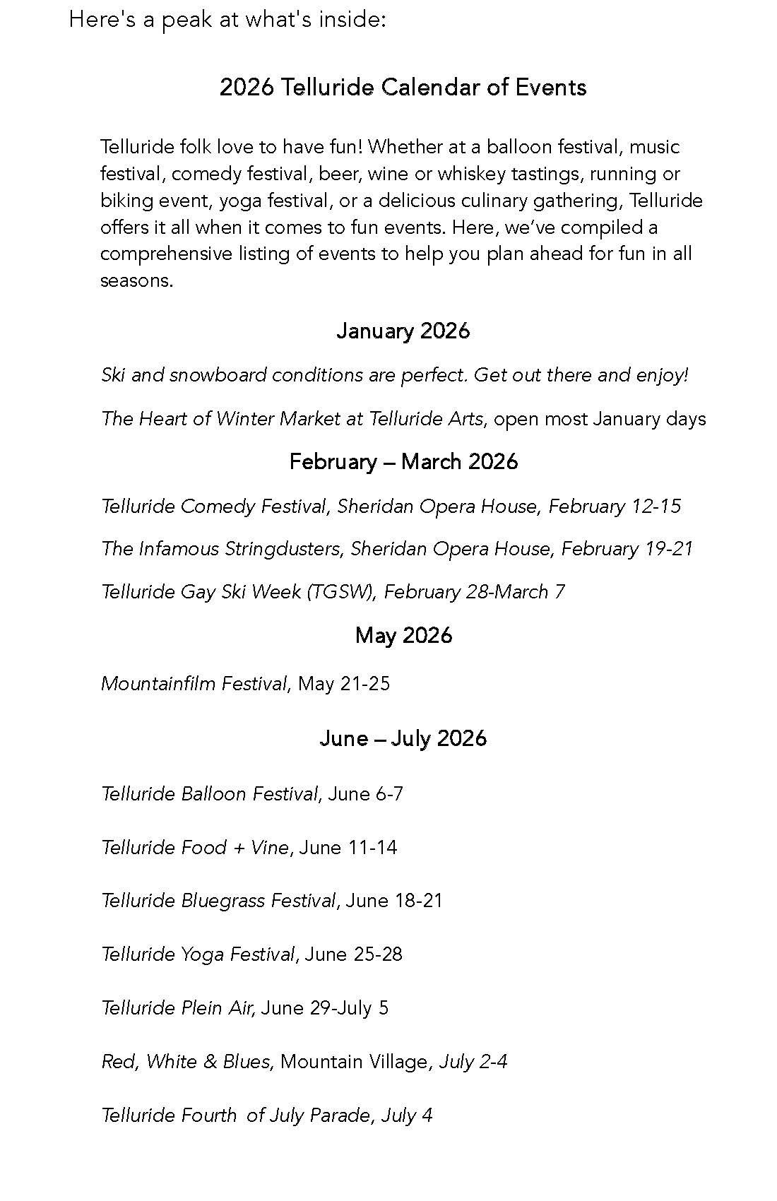 2026 Telluride Datebook | Colorado Calendars